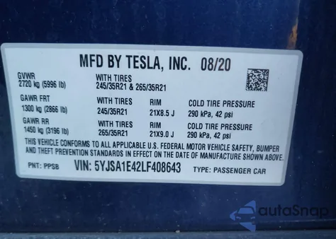 2020 Tesla Model S Performance Dual Motor All-Wheel Drive from USA, damaged, VIN 5YJSA1E42LF408643